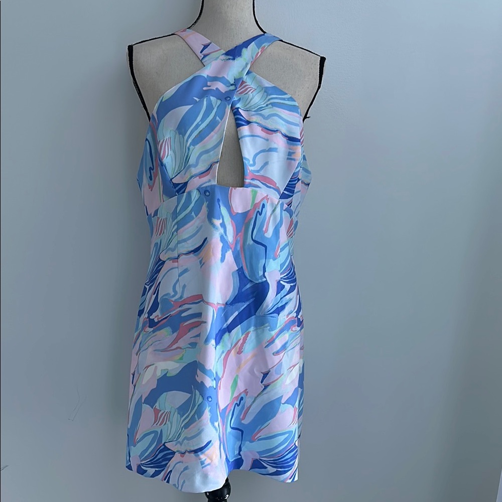 FCBPCND French Connection Blue and Pink Crossover Neckline Dress
